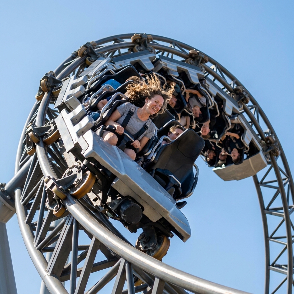 A 4D roller coaster train rotating on a steep element with riders suspended beside the track under a clear California sky
