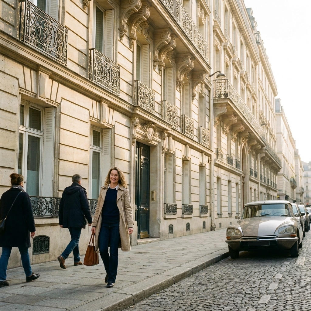 A Haussmann-style Paris building façade with wrought-iron balconies and tall windows, photographed from the sidewalk with soft morning light and a few pedestrians passing