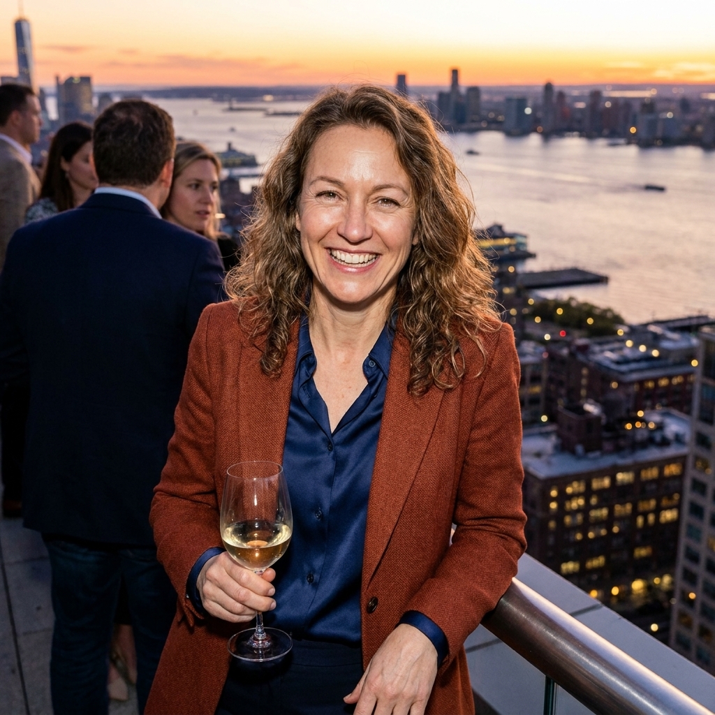 A Manhattan rooftop lounge with people gathered near the railing, looking out over the Hudson River at sunset with city lights starting to glow