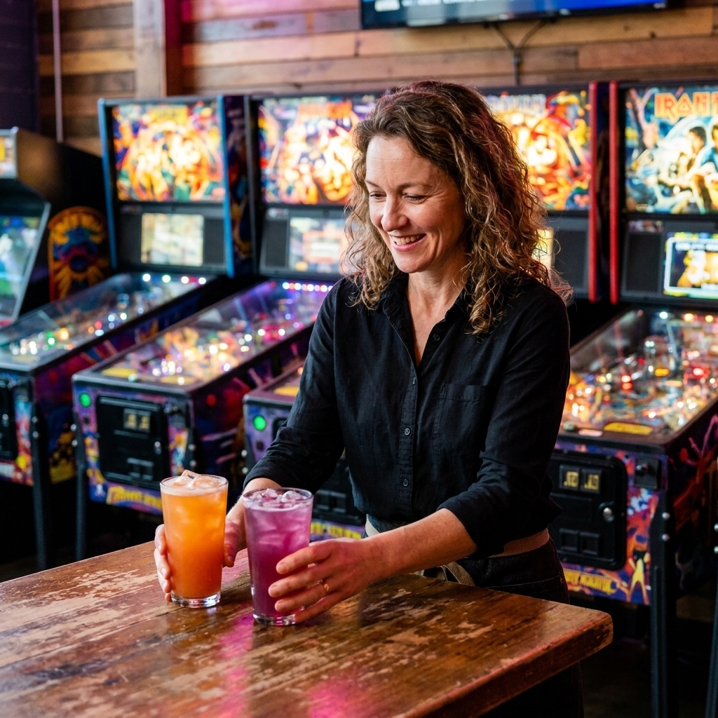 A bartender setting down two colorful cocktails on a wooden table beside a row of glowing pinball machines in a modern arcade bar