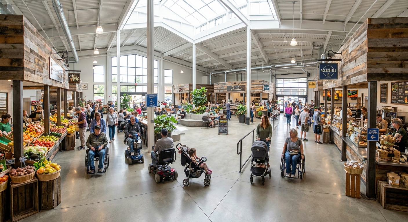 A bright indoor marketplace with wide aisles, vendor stalls, and plenty of open space for wheelchair navigation
