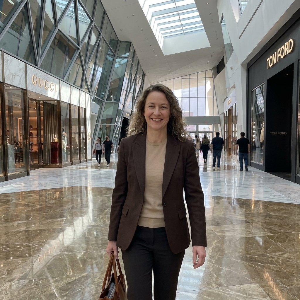 A bright interior promenade inside The Shops at Crystals with upscale storefronts, glossy finishes, and visitors strolling through angular, light-filled architecture