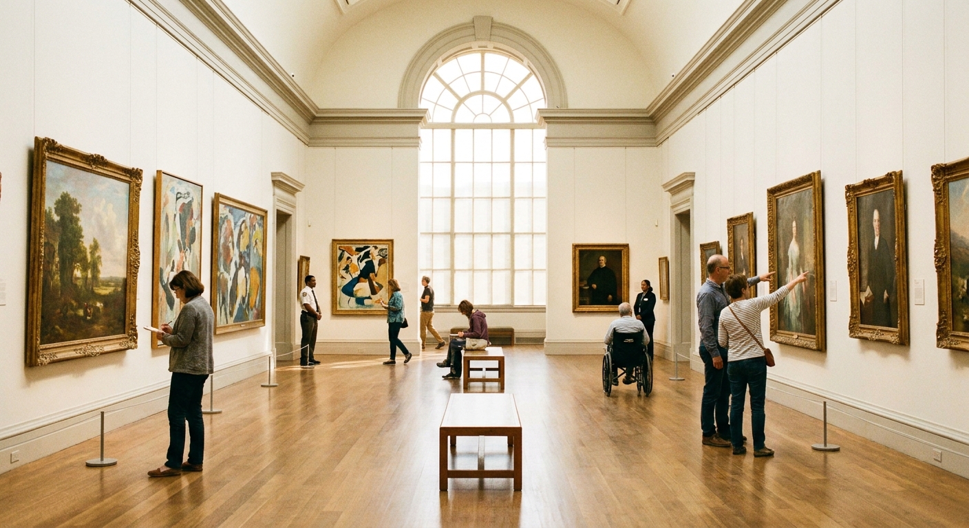 A bright museum gallery with large framed paintings on white walls and visitors quietly viewing the artwork, natural window light
