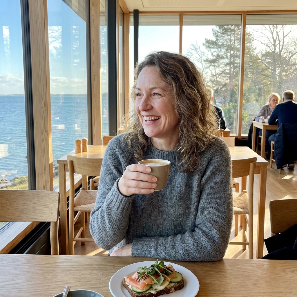 A bright museum restaurant overlooking the sea at Louisiana Museum of Modern Art in Humlebæk, Denmark, with simple Nordic furnishings and large windows