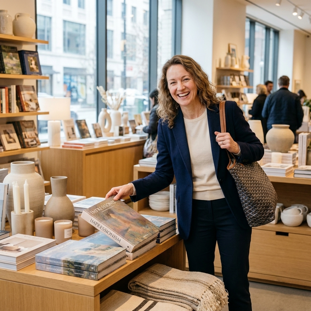 A bright museum store with art books on display tables and elegant home decor items arranged in neutral tones