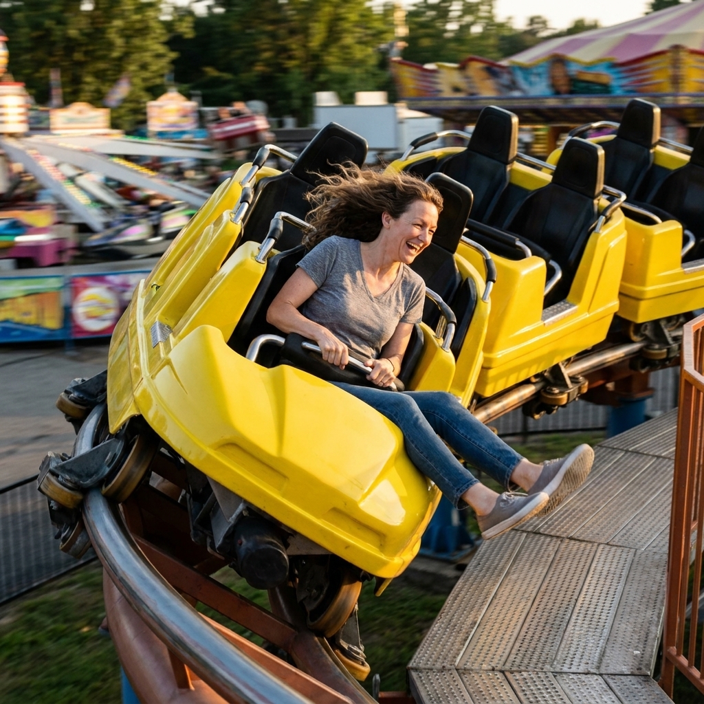A bright yellow roller coaster train taking a high-speed turn with riders’ legs dangling above the track