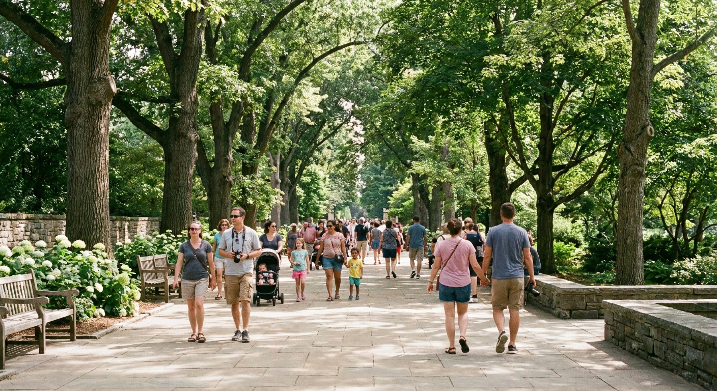 A broad, smooth garden walkway lined with tall trees, with visitors moving comfortably along the path on a bright afternoon