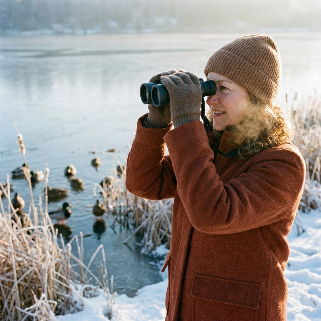 A bundled-up visitor quietly looking through binoculars at a calm lake with waterfowl gathered near reeds on a crisp winter morning