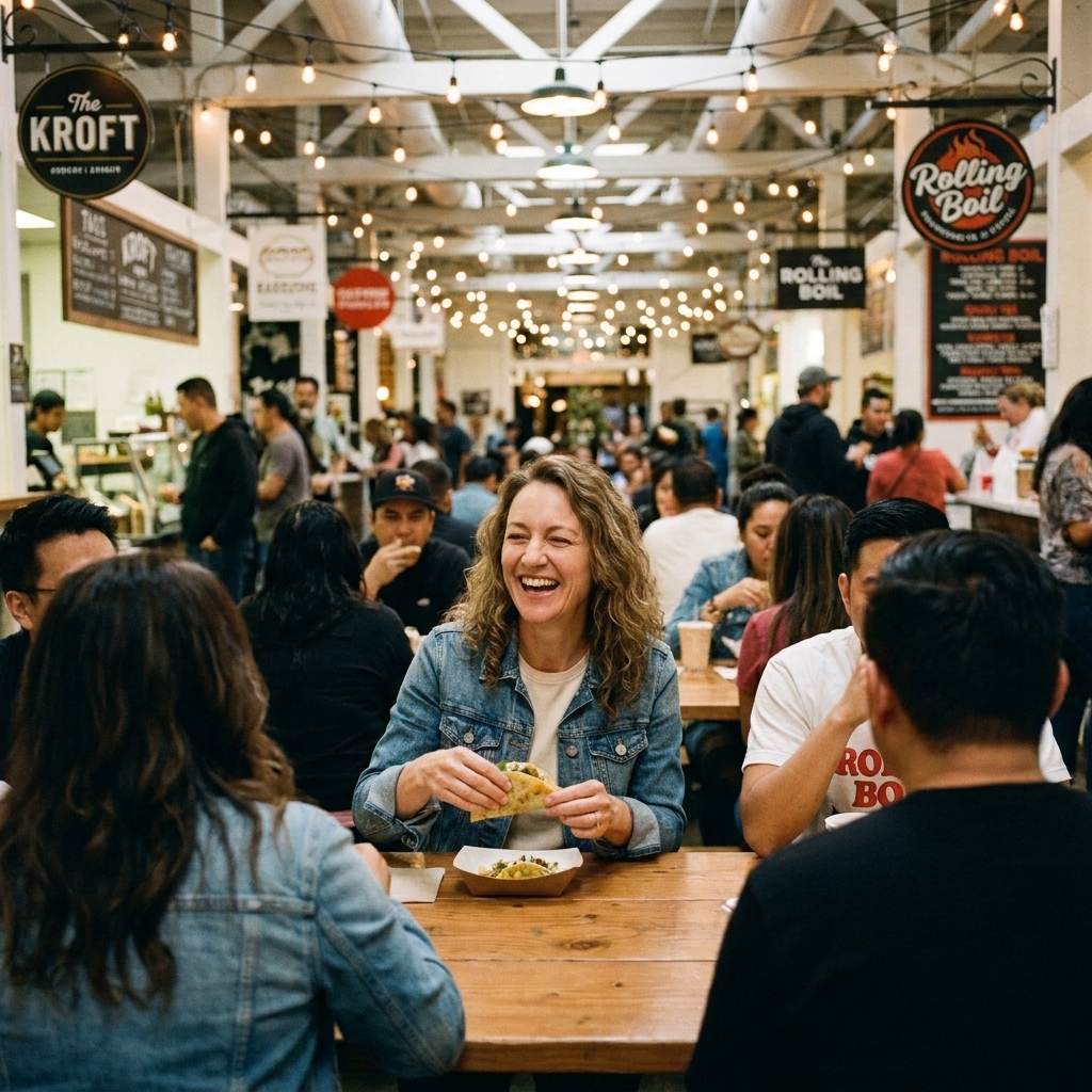 A bustling evening inside the Anaheim Packing House with string lights, food counters, and diners gathered at communal tables