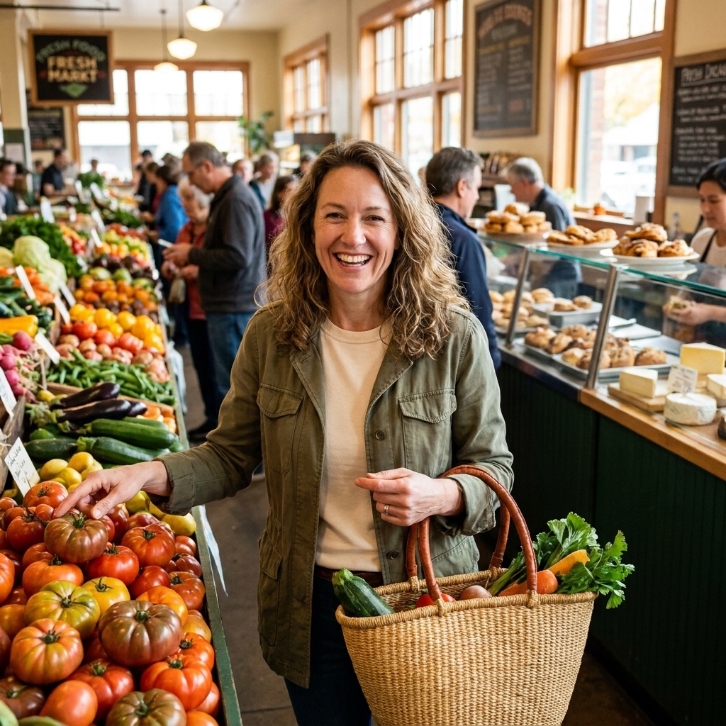 A bustling fresh food market aisle with colorful produce and small counters serving prepared food