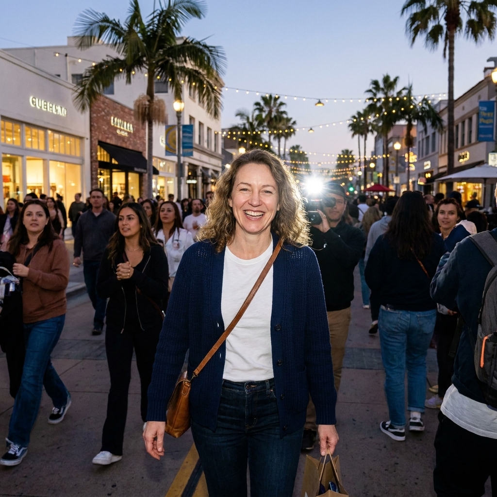 A bustling pedestrian shopping street at Santa Monica's Third Street Promenade with palm trees, storefronts, and evening crowds