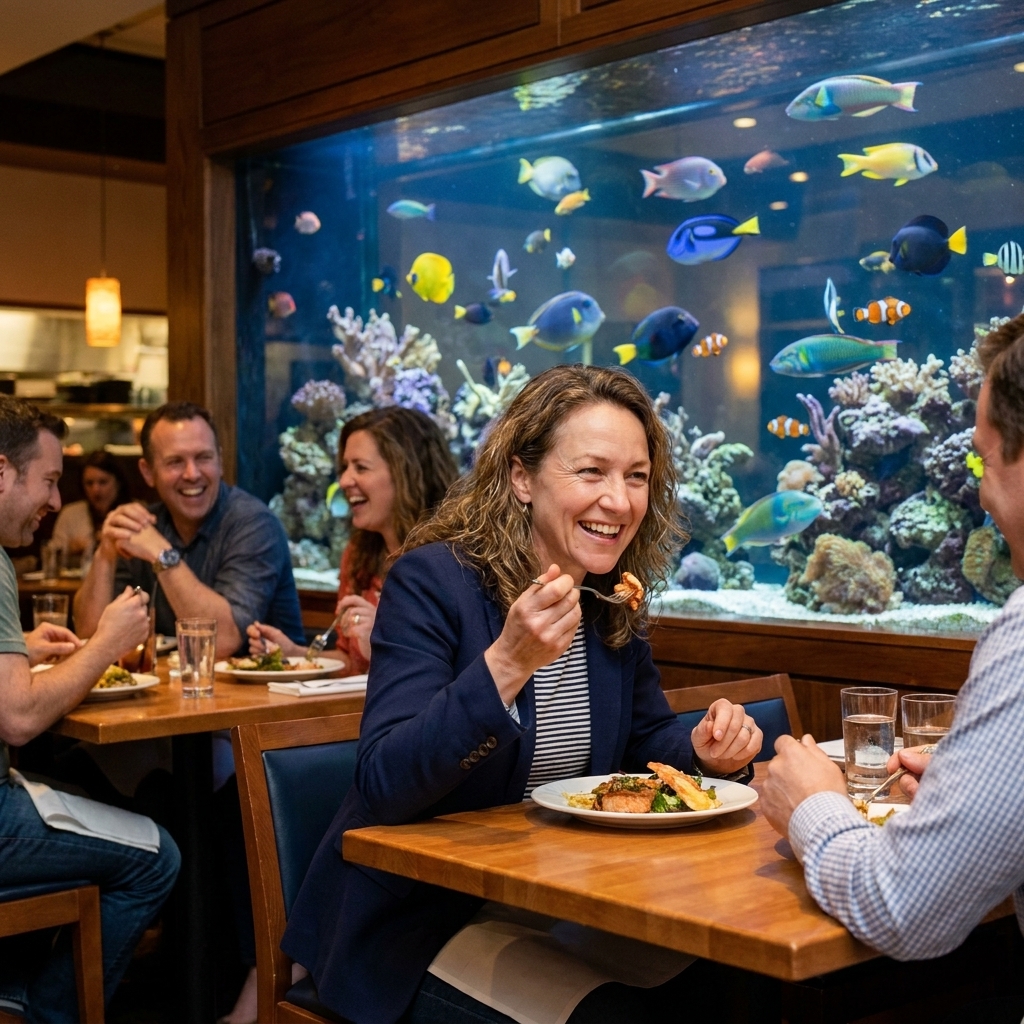 A bustling restaurant interior with large aquarium tanks built into the walls, where diners eat while watching fish swim