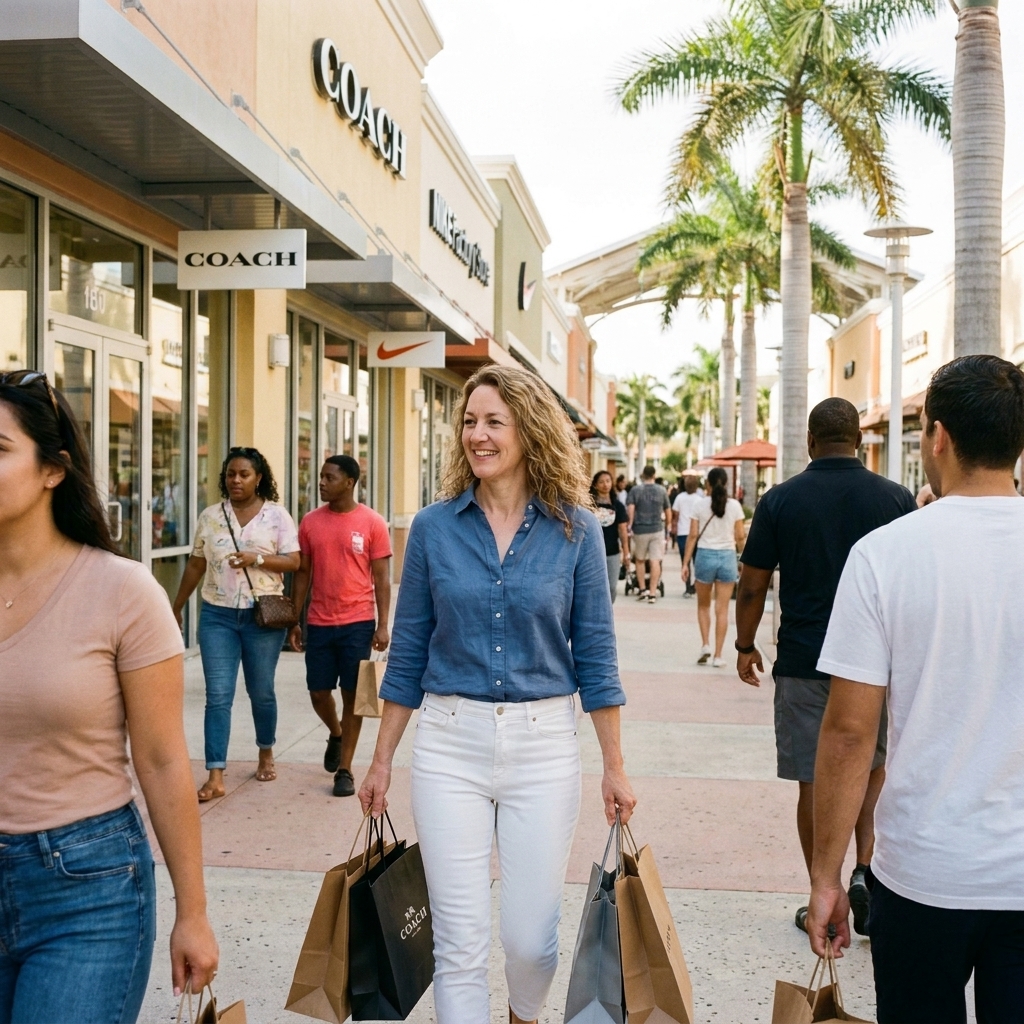 A busy outdoor promenade at Sawgrass Mills in Sunrise, Florida with shoppers walking past outlet storefronts