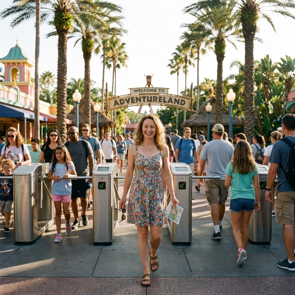 A busy theme park entrance on a bright morning in Orlando, Florida, with guests walking in and palm trees lining the pathway