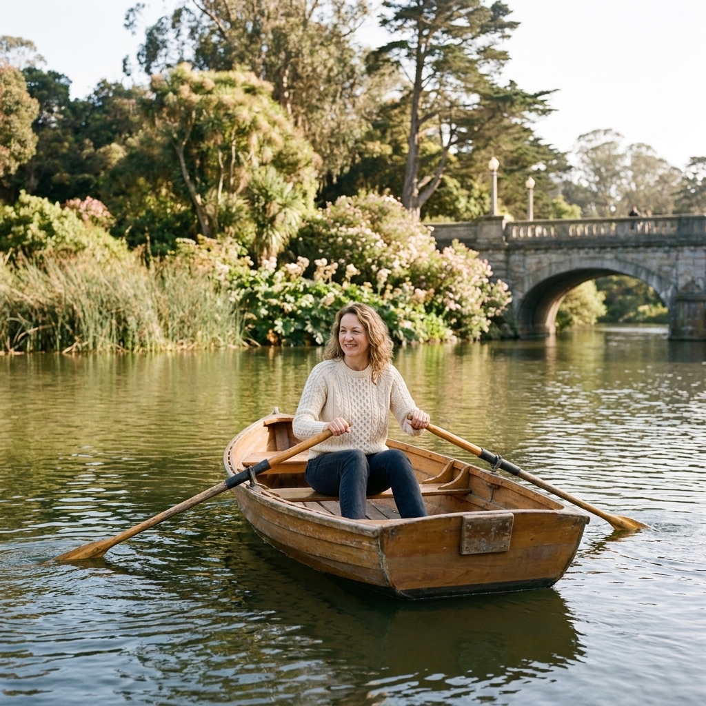 A calm scene at Stow Lake in Golden Gate Park with a small rowboat on the water and lush greenery along the shoreline