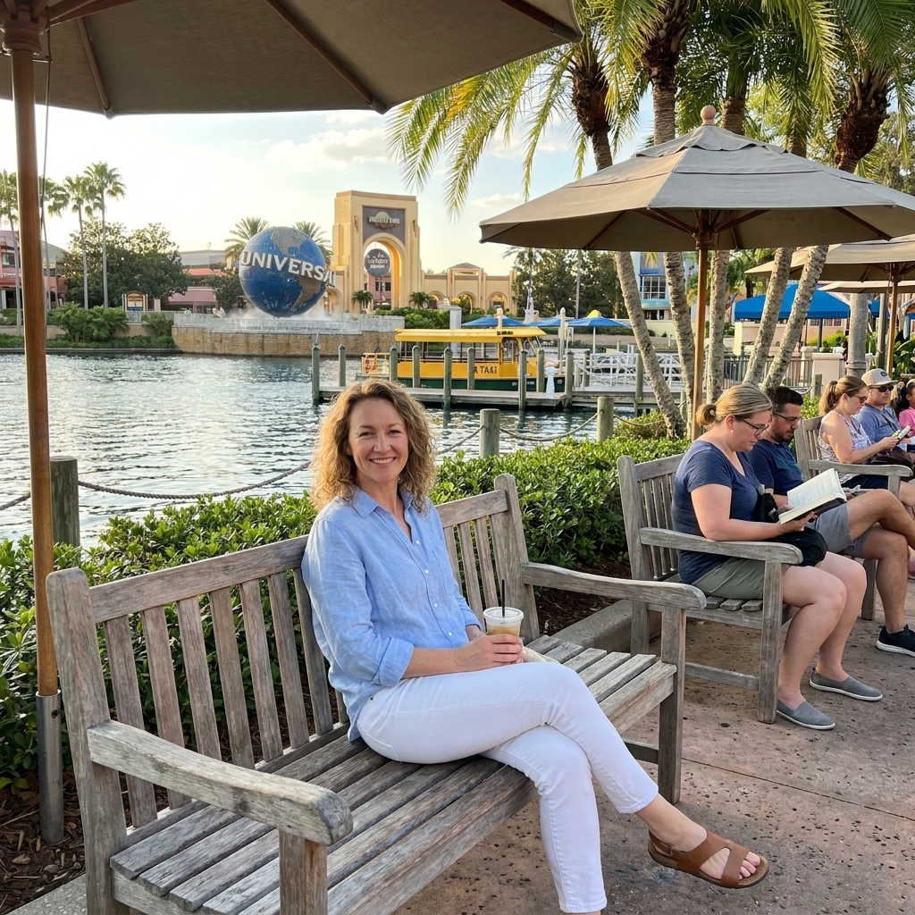 A calm waterfront seating area inside Universal Studios Florida with benches, shade, and guests taking a quiet break
