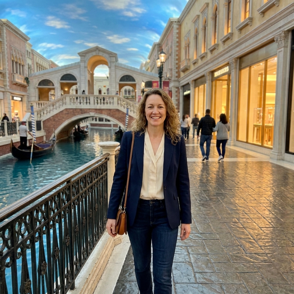 A canal-side walkway inside the Grand Canal Shoppes at The Venetian in Las Vegas with arched bridges, warm storefront lighting, and visitors strolling along the water