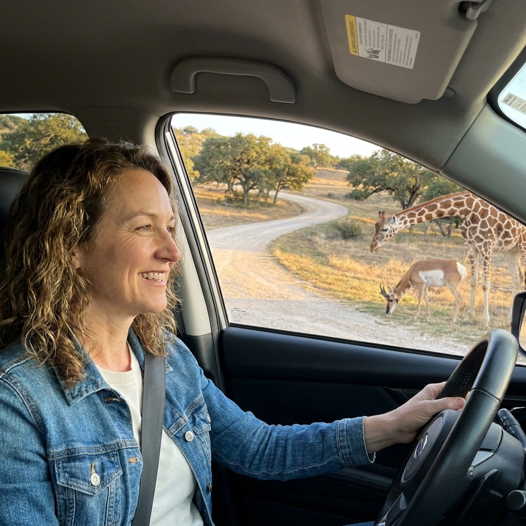 A car driving a winding hill road while a giraffe and antelope graze near the roadside at Fossil Rim in Texas