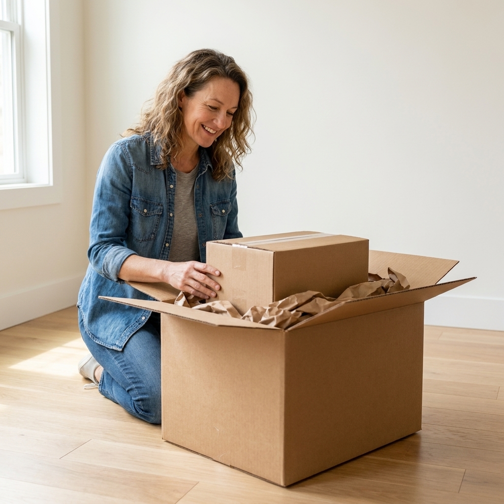 A cardboard box inside a larger cardboard box with crumpled packing paper filling the gaps on a clean floor