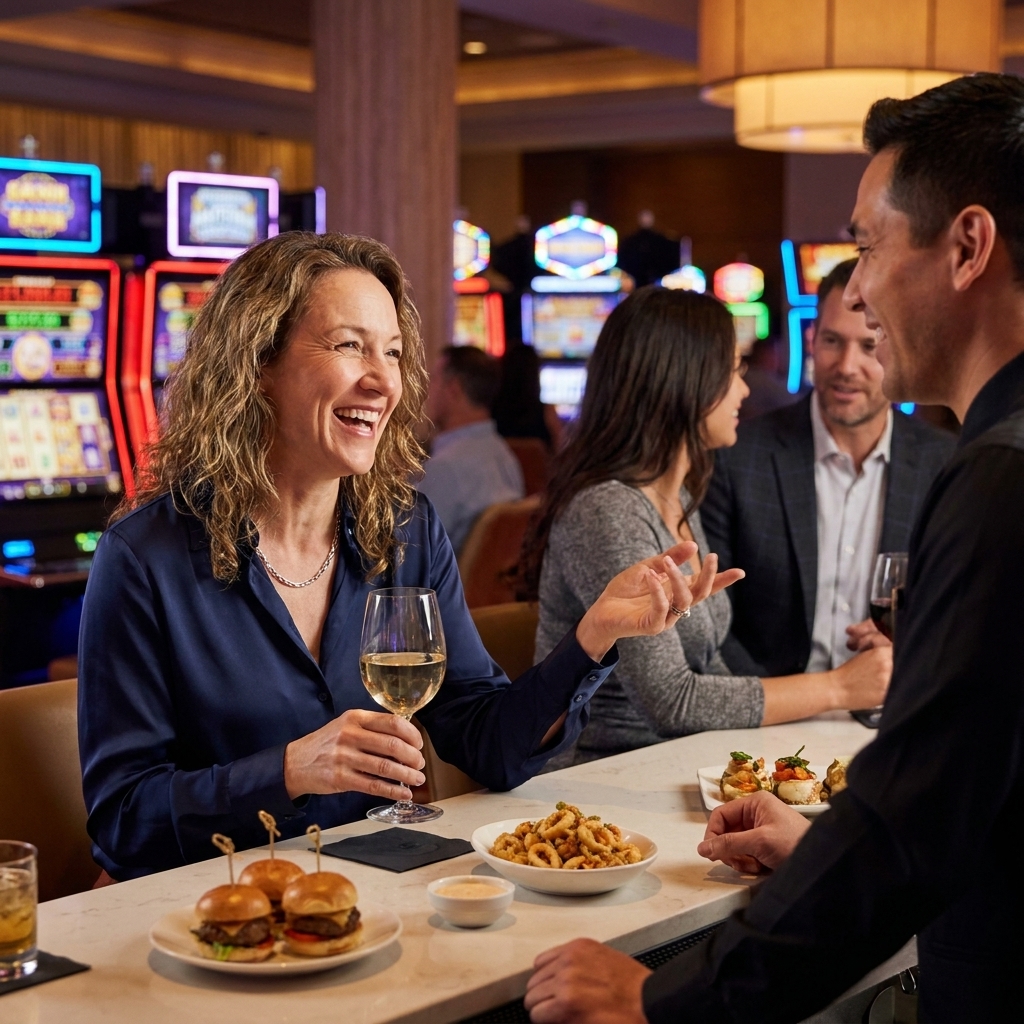 A casino resort bar during happy hour with small plates on the counter and guests chatting with bartenders
