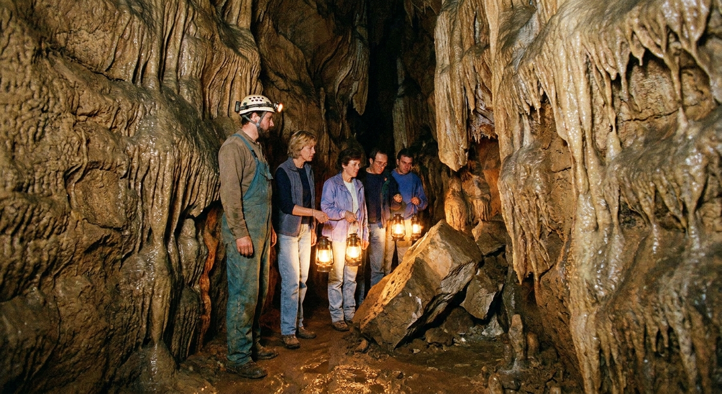 A cave guide leading a small group holding lanterns through a dark cavern corridor with textured stone walls