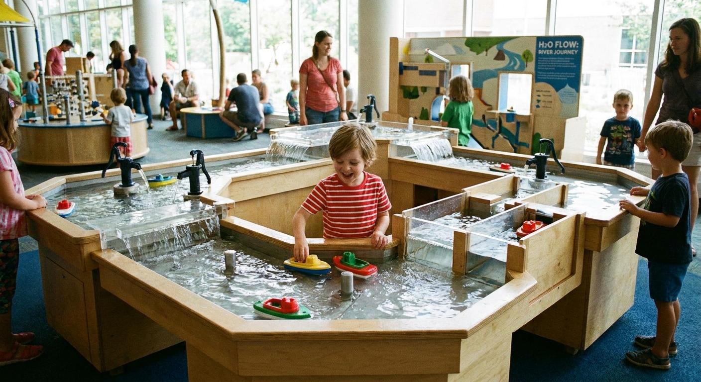 A child in a striped shirt plays at a water table exhibit inside a children’s museum, guiding floating boats through moving water
