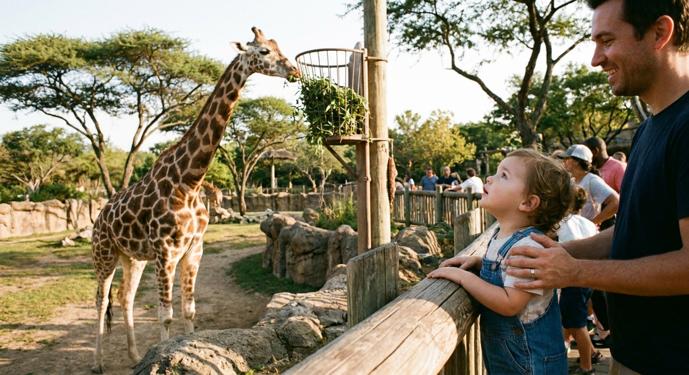 A child stands at a viewing rail watching a giraffe eat leaves from a high feeder while a parent stands nearby.