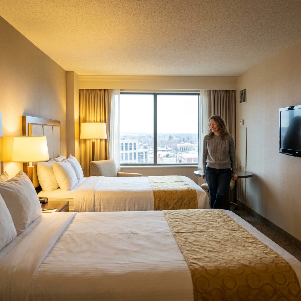 A clean standard casino hotel room with two queen beds, soft lighting, and a small table near the window