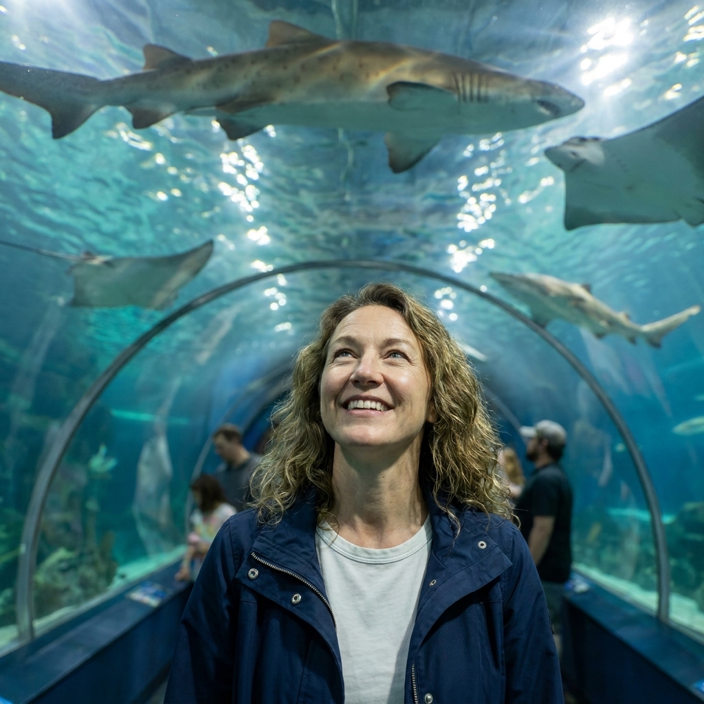 A clear underwater tunnel at SEA LIFE at Mall of America with sharks and rays swimming overhead while visitors walk through