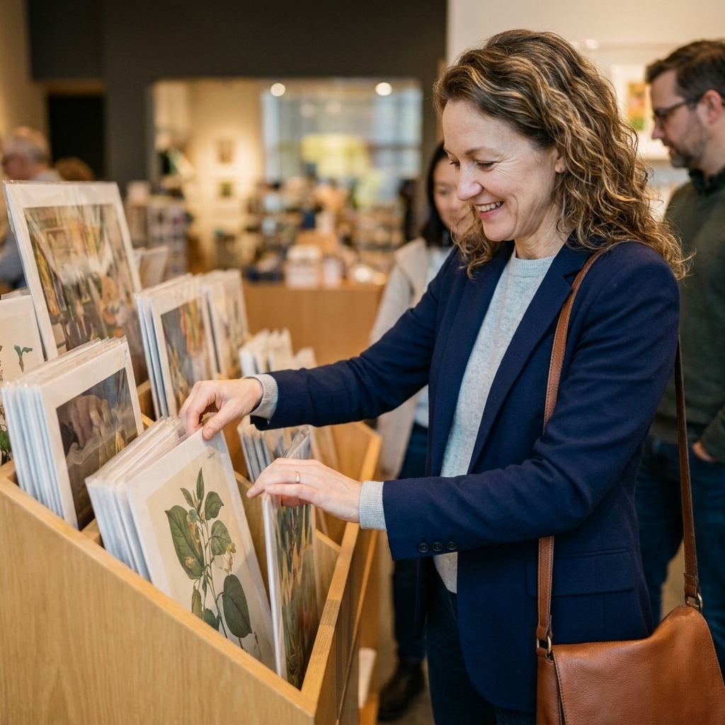 A close-up of a museum store print rack with neatly organized art posters and visitors flipping through them