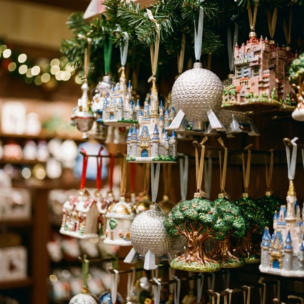 A close-up of holiday ornaments shaped like theme park icons hanging in a Disney World store