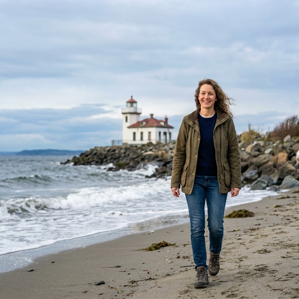 A coastal view in Seattle's Discovery Park with the West Point Lighthouse near the shoreline and waves rolling in