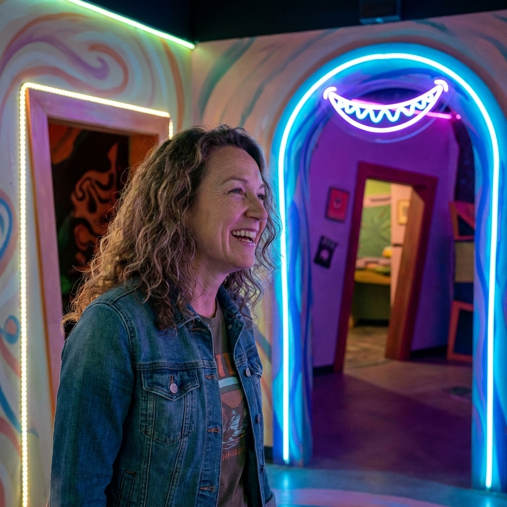 A colorful, surreal interior room with glowing neon accents and curious doorways inside Meow Wolf in Santa Fe
