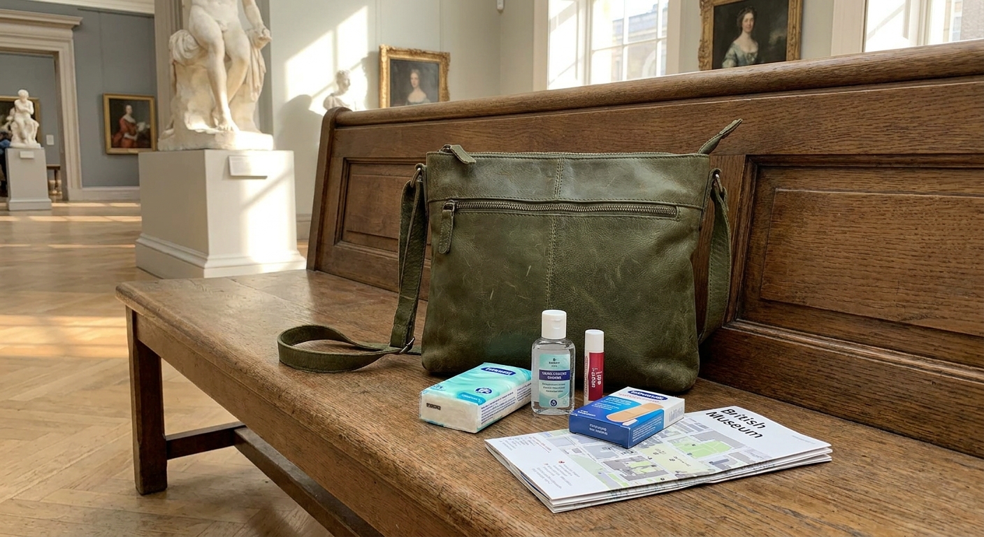 A compact crossbody bag on a museum bench with tissues, hand sanitizer, lip balm, and blister bandages beside a folded map