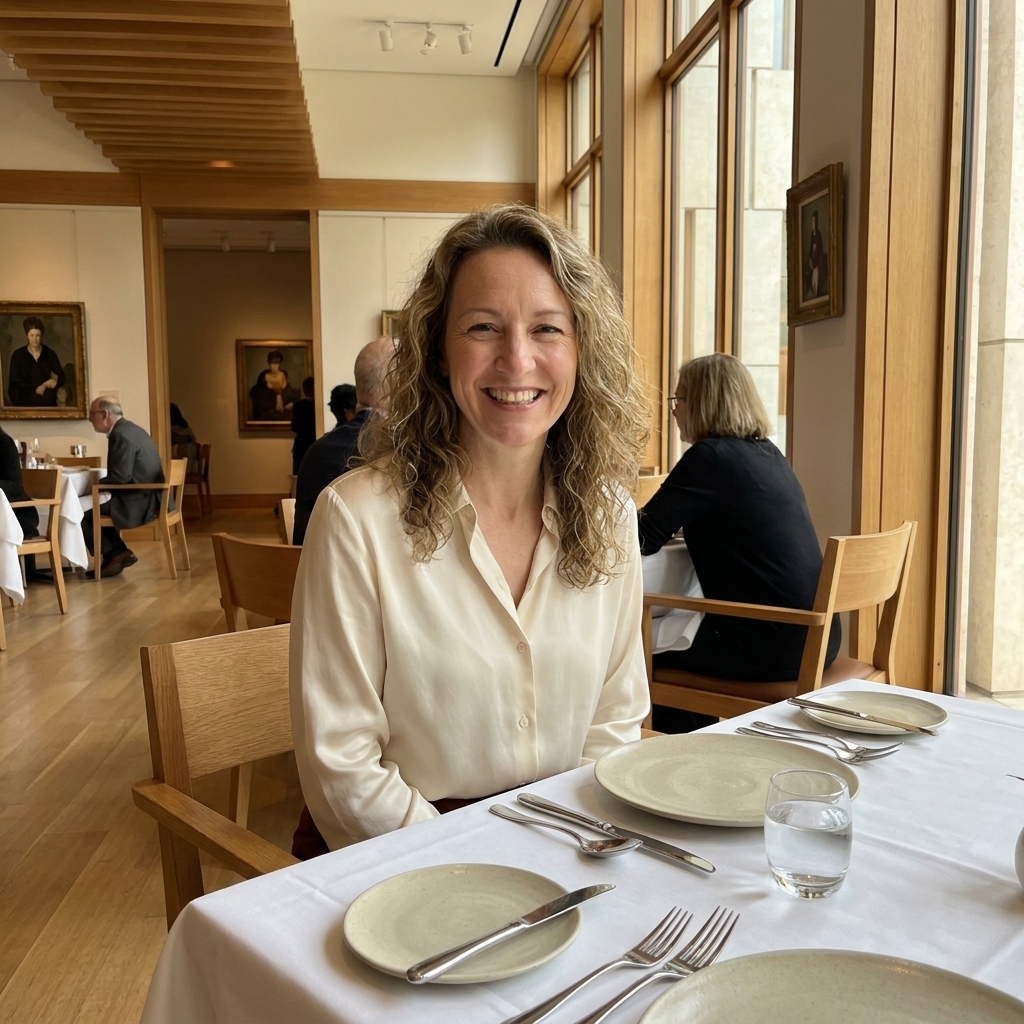 A contemporary museum restaurant dining space at the Barnes Foundation in Philadelphia with warm wood accents, neatly set tables, and natural daylight