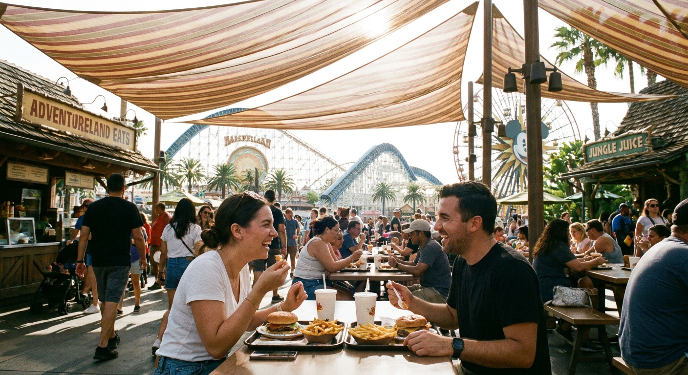 A couple eating lunch at an outdoor quick-service table inside a busy theme park with trays of food and shaded seating.