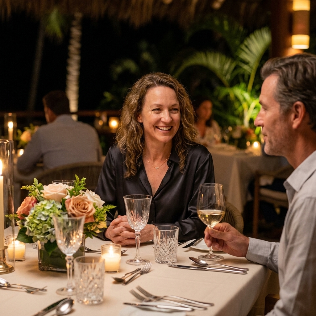 A couple seated at a softly lit upscale restaurant table with fine glassware and a floral centerpiece, creating an elegant resort dining atmosphere