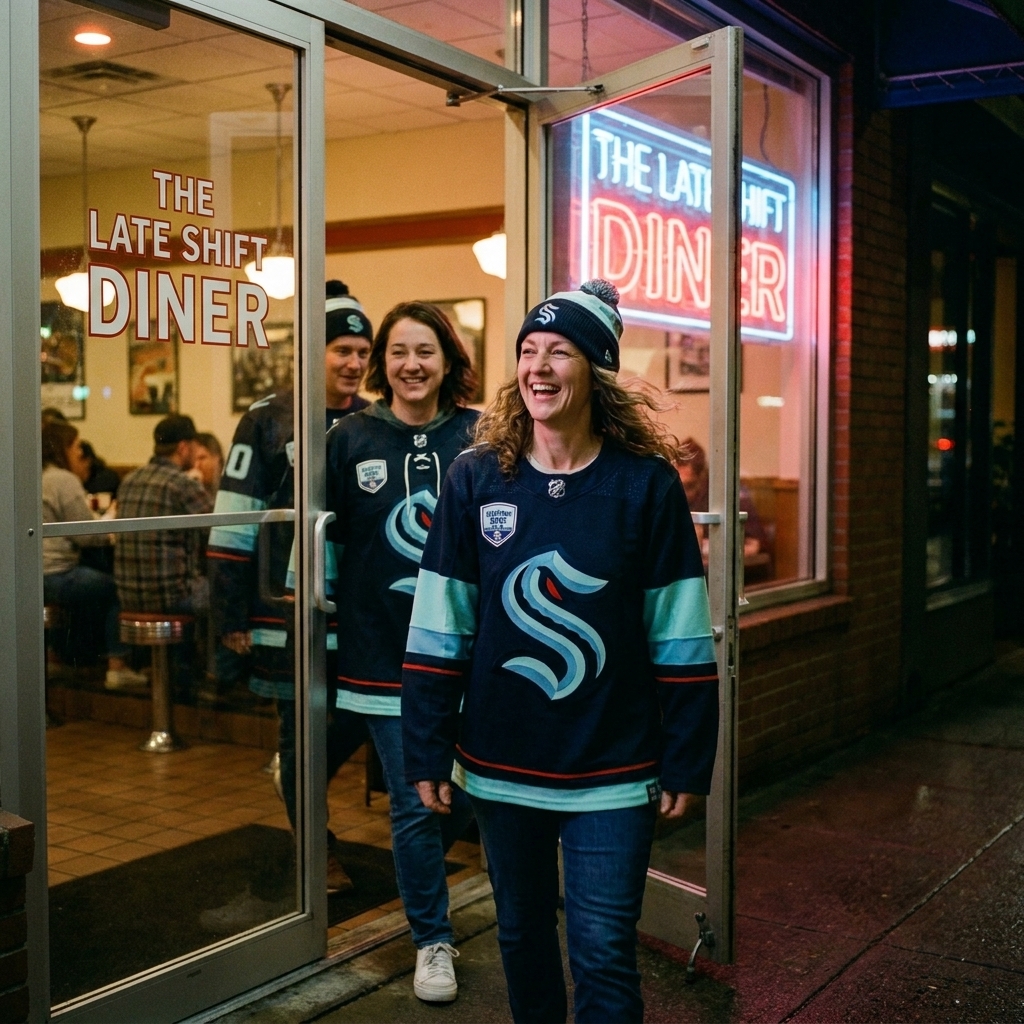 A cozy diner at night with glowing signage and people in team jerseys walking in after a game