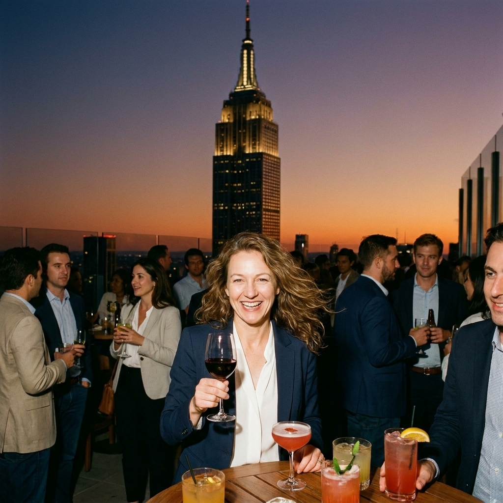 A crowded New York City rooftop bar with cocktails on a table and the Empire State Building rising prominently in the evening sky