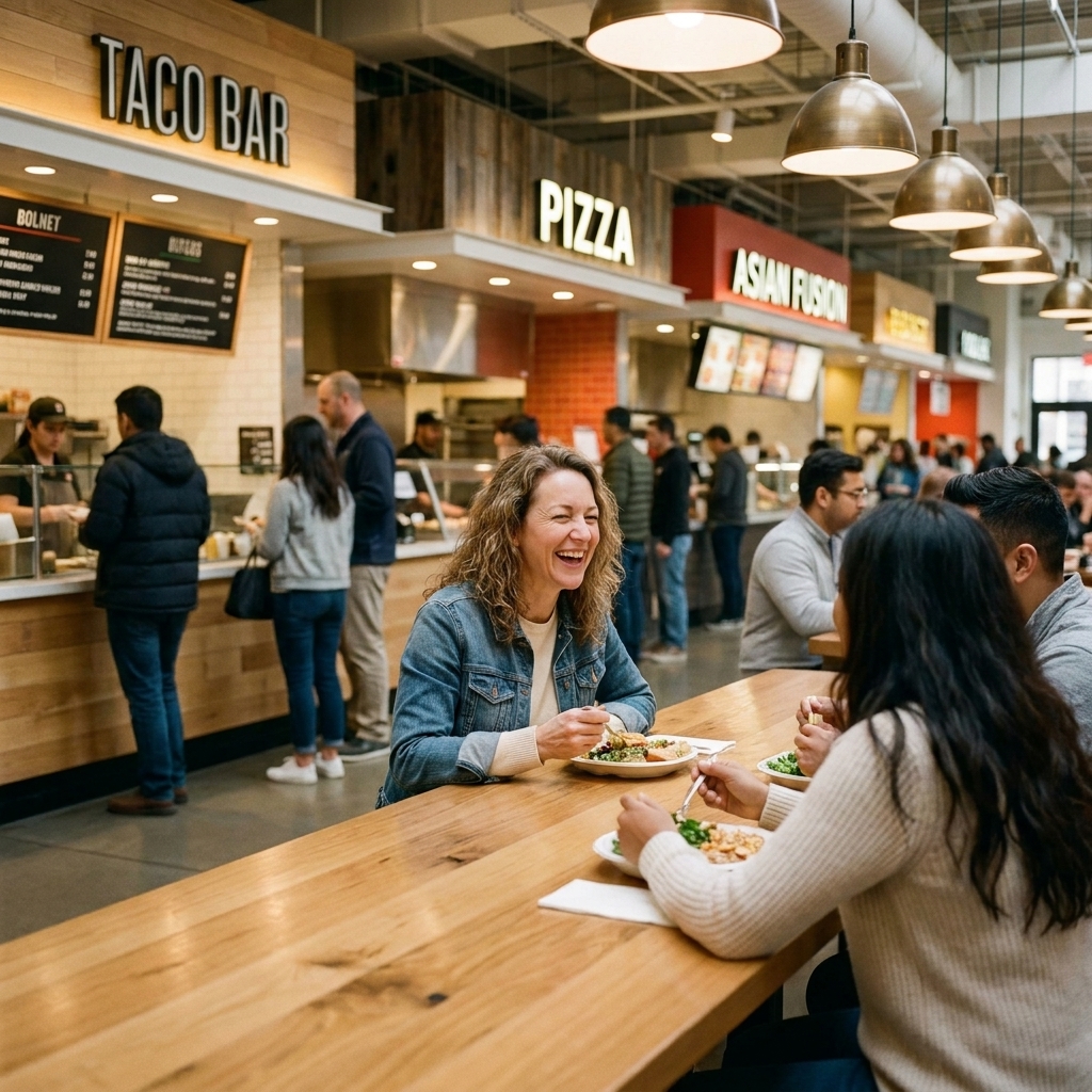 A crowded mall food hall with multiple vendor counters, warm lighting, and groups sharing meals at long communal tables