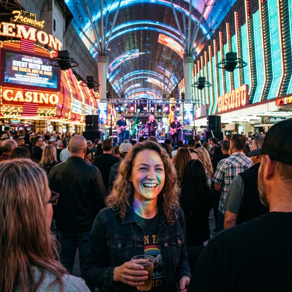 A crowded night scene at the Fremont Street Experience in Las Vegas with bright overhead lights and a live music stage in the distance
