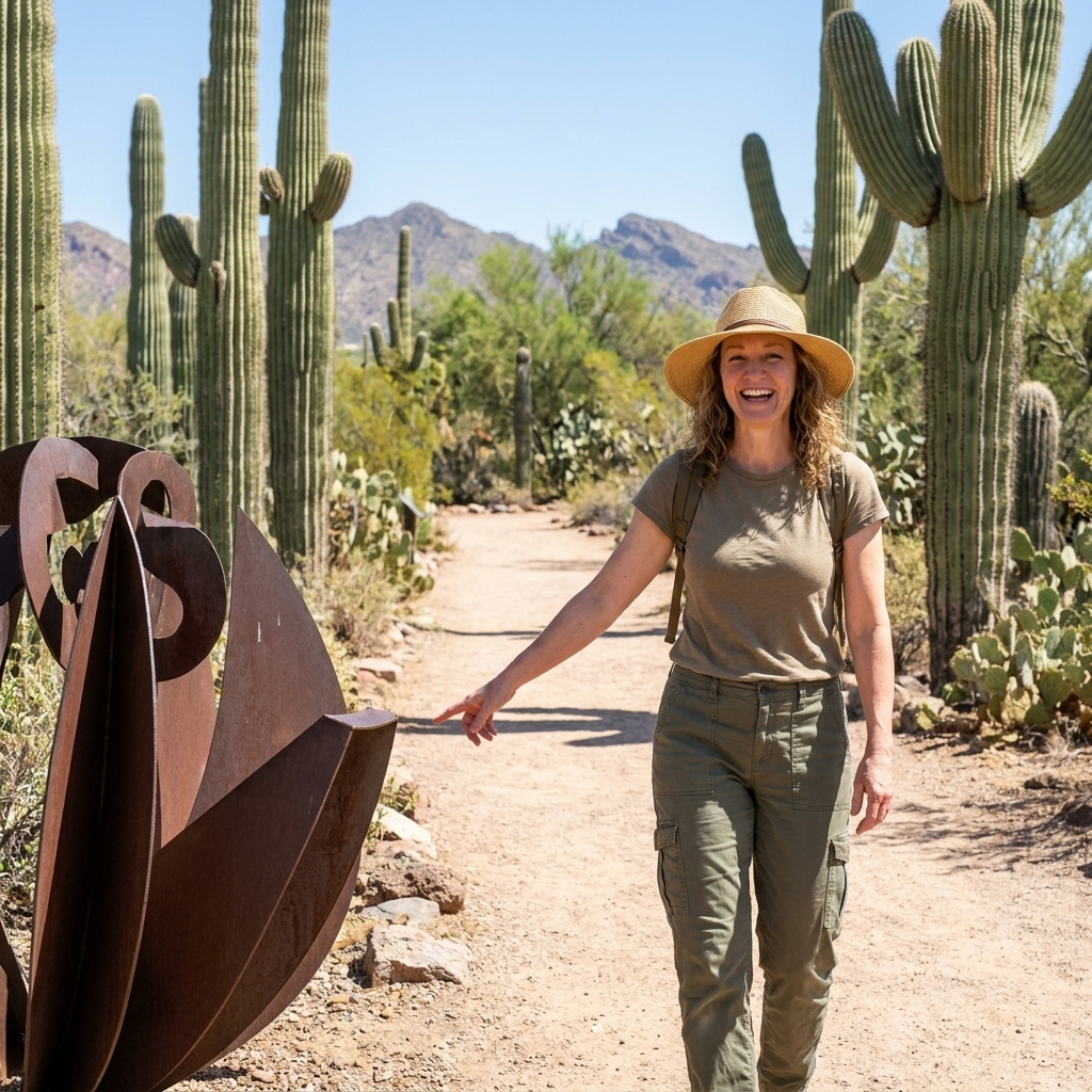 A desert garden trail in Phoenix lined with tall saguaro cacti and an outdoor art installation visible near the path under a vivid blue sky