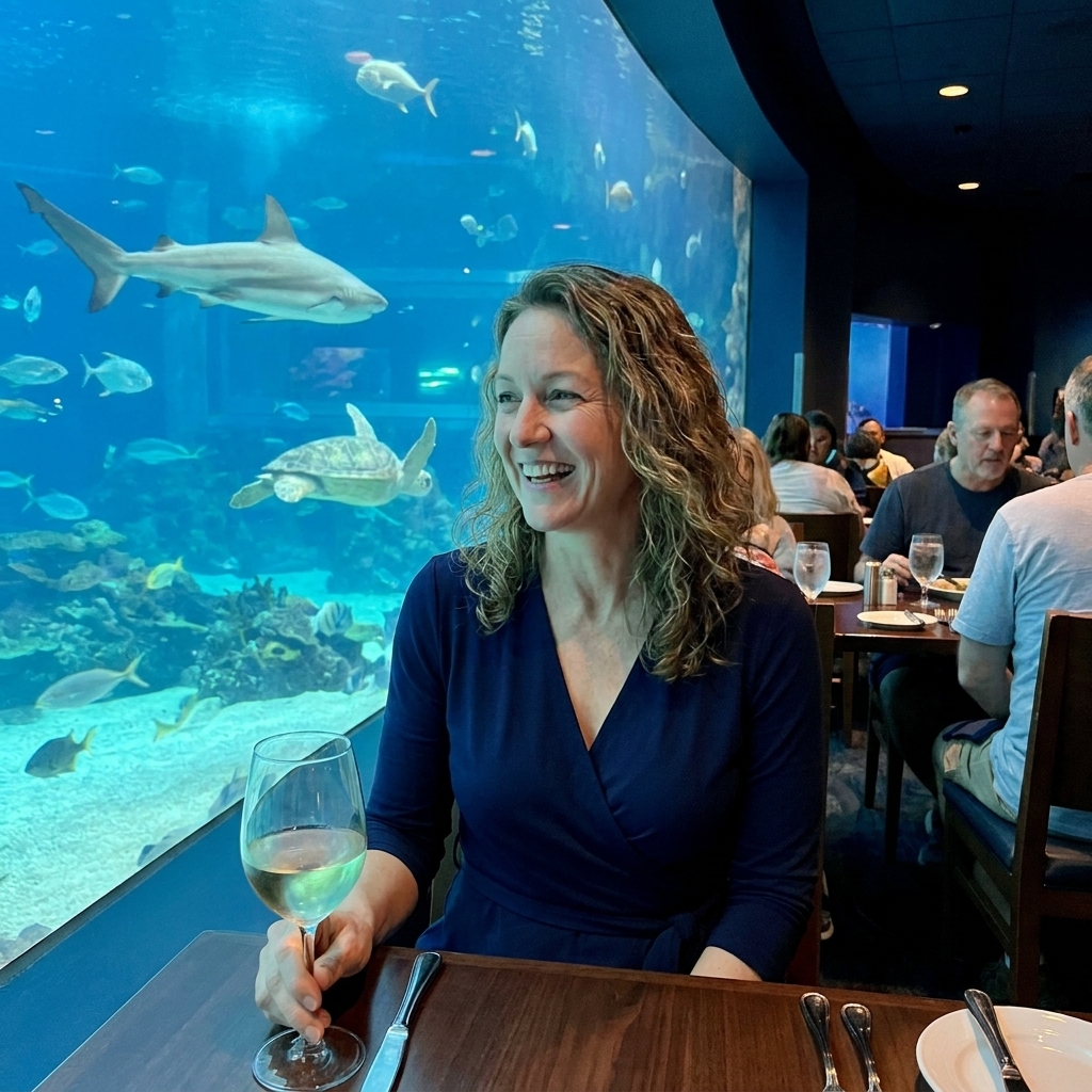A dimly lit dining room with tables facing a huge aquarium window full of fish at EPCOT's Coral Reef Restaurant