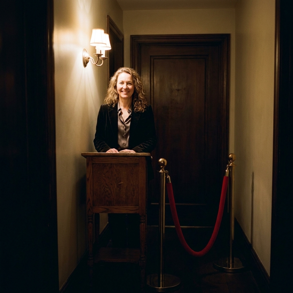 A dimly lit hallway with a small host stand and a velvet rope near an unmarked door, suggesting controlled entry to a speakeasy