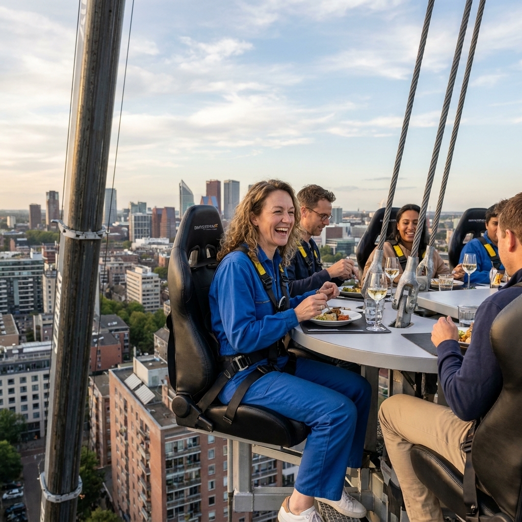 A dining platform suspended high above the ground with diners seated and secured around a central table