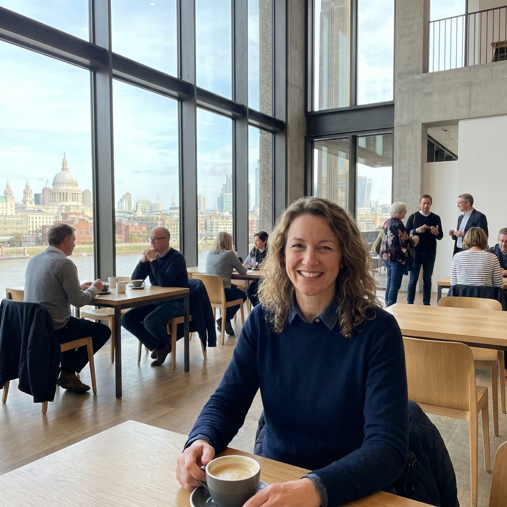 A dining room inside Tate Modern in London with large windows on a high floor, modern tables, and visitors taking a break between galleries