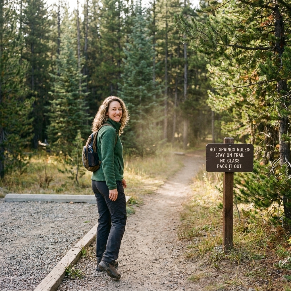 A dirt trail leading from a small parking area toward a natural hot springs area, with a posted rules sign near a pine forest
