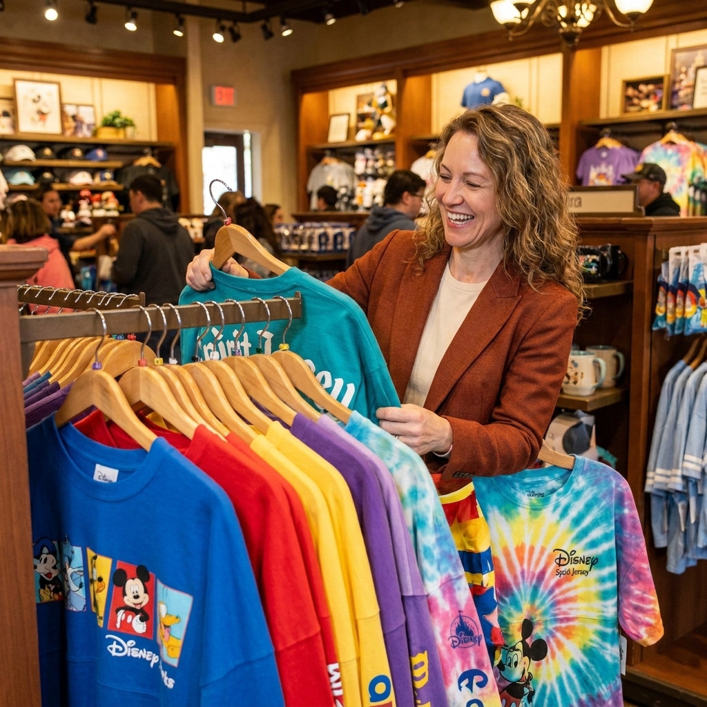 A display of colorful Disney Spirit Jerseys on hangers inside a theme park retail store