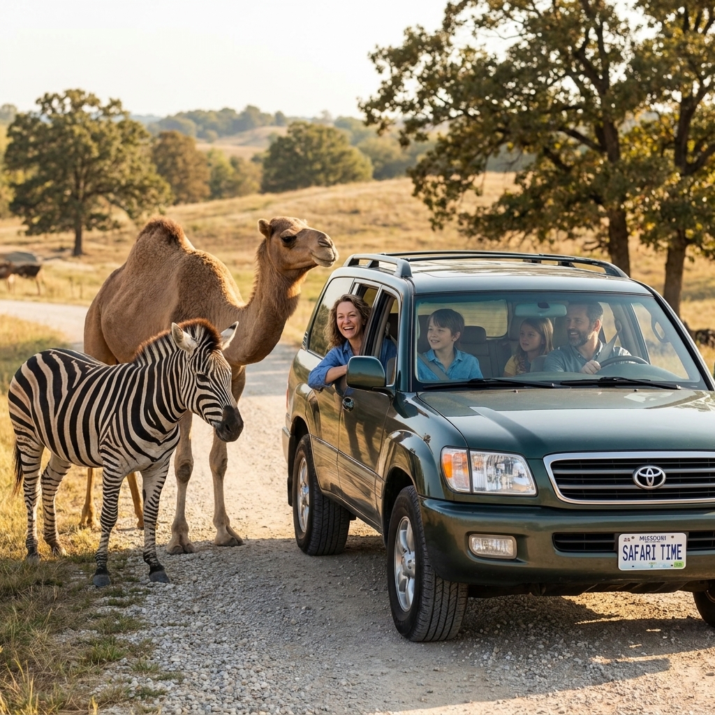 A family SUV paused while a camel and a zebra stand near the safari road at a drive-through animal park in Missouri