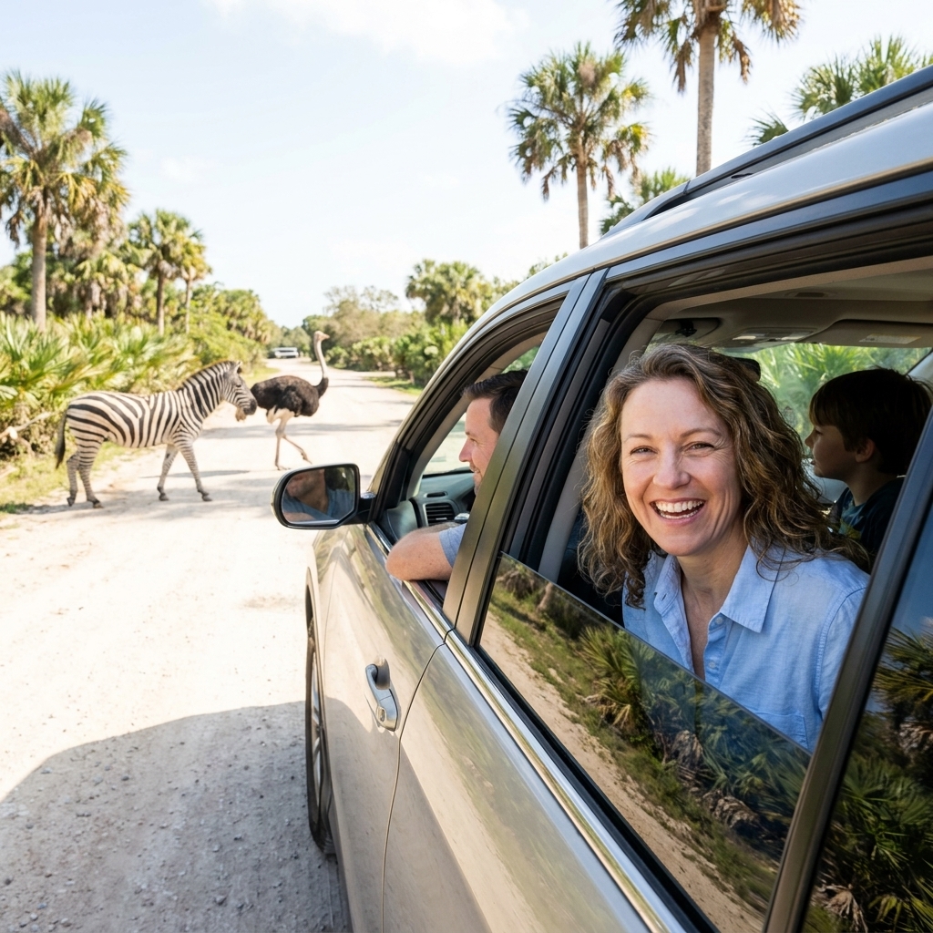 A family car stopped at a safe distance while a zebra and an ostrich walk across the safari road in South Florida